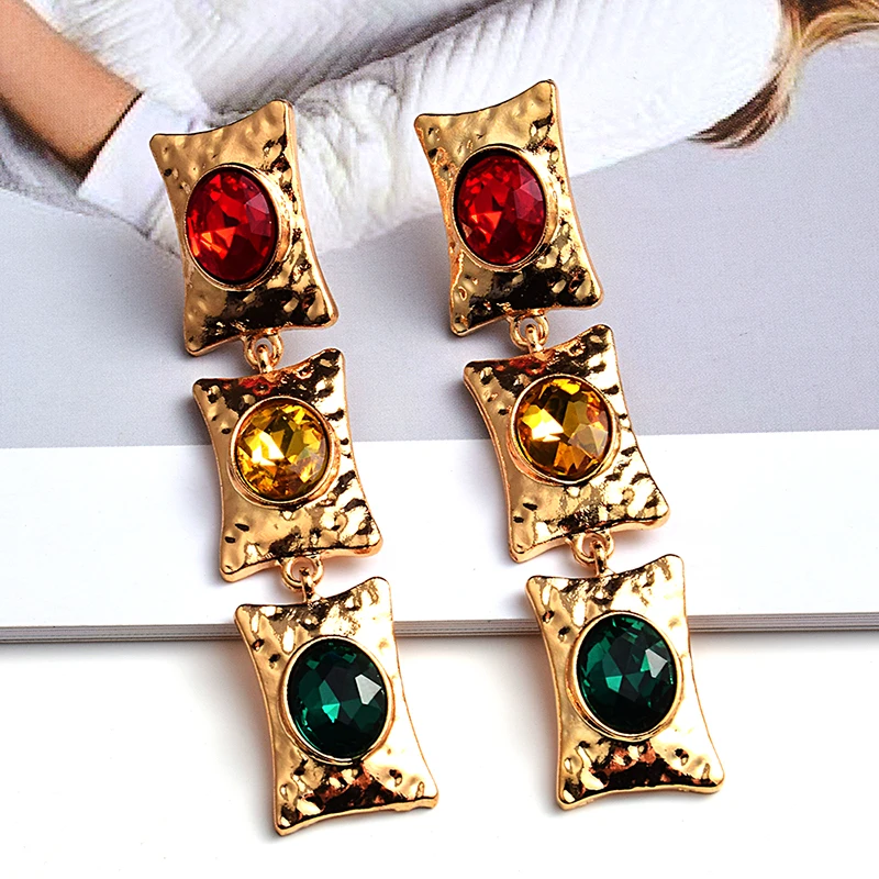 Wholesale New Gold Color Metal Colorful Crystals Long Dangle Drop Earrings Fine Pendientes Jewelry Accessories For Women