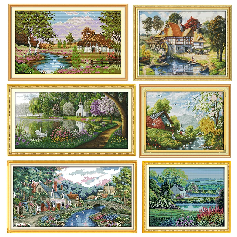 Joy Sunday Counted Cross Stitch Kit Green Lake Reflected Color 11CT 14CT Stamped Print Embroidery Needlework Handmade Decoration