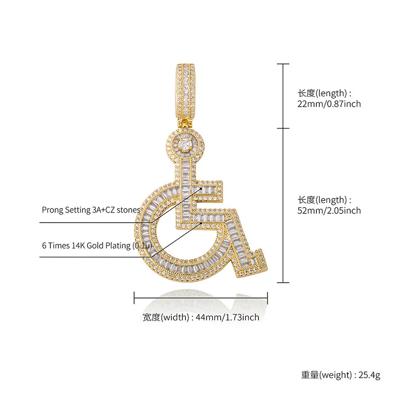 Hip Hop Micro Paved Cubic Zirconia Bling Iced Out Handicapped Sign Pendants Necklace for Men Rapper Jewelry Drop Shipping