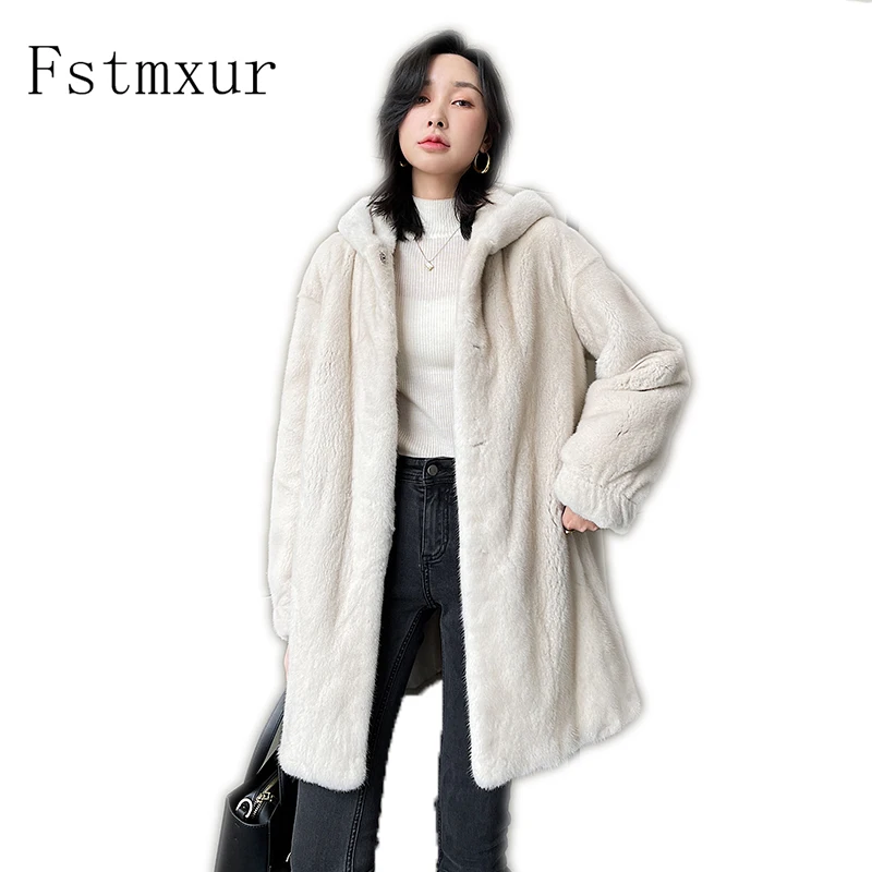 

Fstmxur 2021 New Copenhagen Imports Velvt Mink Fur Coat Womens Full Sleeve Pure Color With Fur Hood Warm Medium Mink Fur Coats