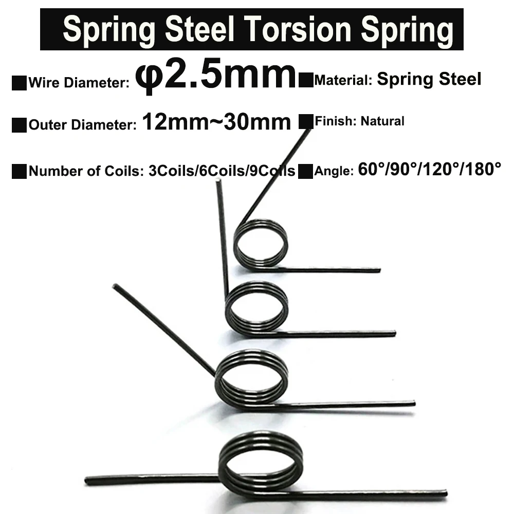 

Yiqianyuan 10Pcs Wire Diameter 2.5mm Spring Steel Torsion Spring Hairpin Springs 3Coils/6Coils/9Coils Angle 60°/90°/120°/180°