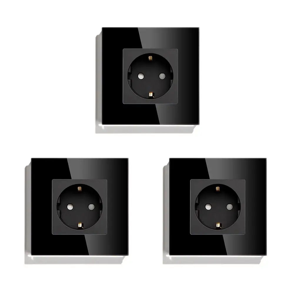 BSEED EU-Standard-Einzelwandsteckdose, doppelte Netzstecker mit weißer schwarzer Kristallglasscheibe, Dreifachsteckdosen, 16 A, 110 V-250 V