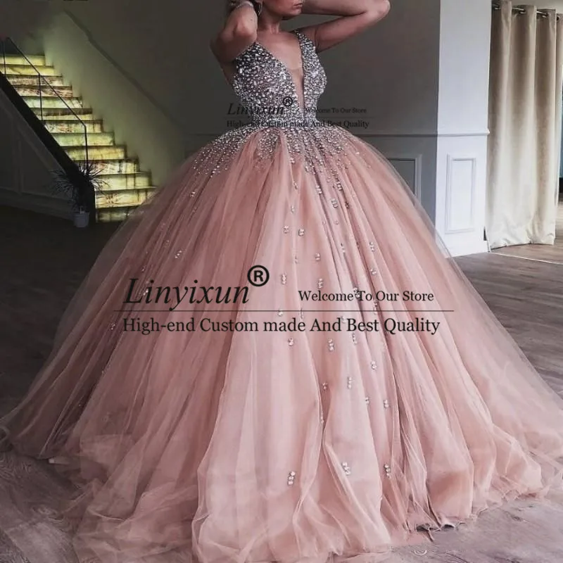 Champagne Tulle Ball Gown Quinceanera Dress 2019 Elegant Heavy Beaded Crystal Deep V Neck Sweet 16 Dresses Prom Gowns