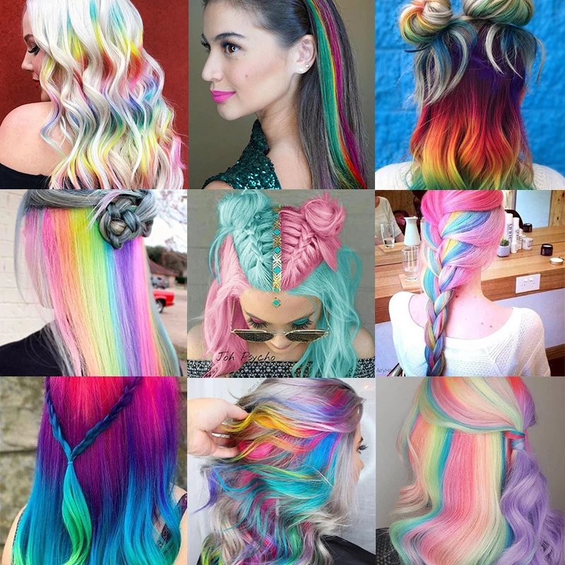 LUPU Extensiones de Cabello Sintético con Mechas de Colores Arcoíris Largas y Lacias para Mujeres Niñas Púrpura Rosa Azul 22 Pulgadas 6