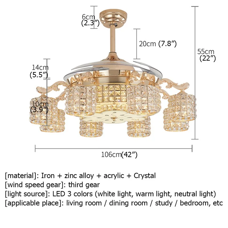 OUFULA New Ceiling Fan Light Invisible Crystal With Remote Control Modern Luxury Gold Lamp For Home