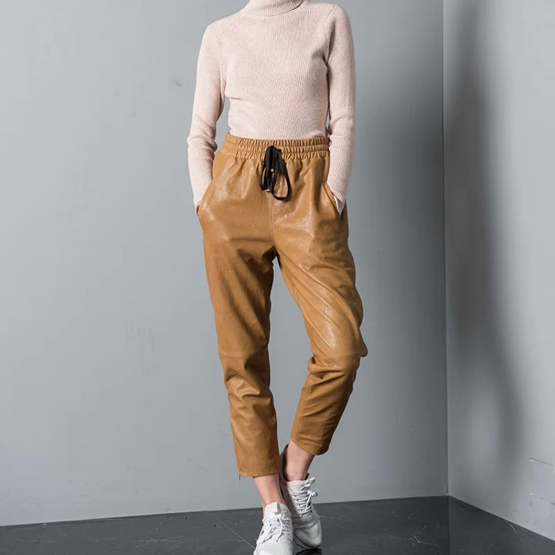 Womens Casual Elastic Waist Sheepskin Loose Cross Pants Adjustable Waist Pockets Classic Pleated Zippers Genuine Leather Pants