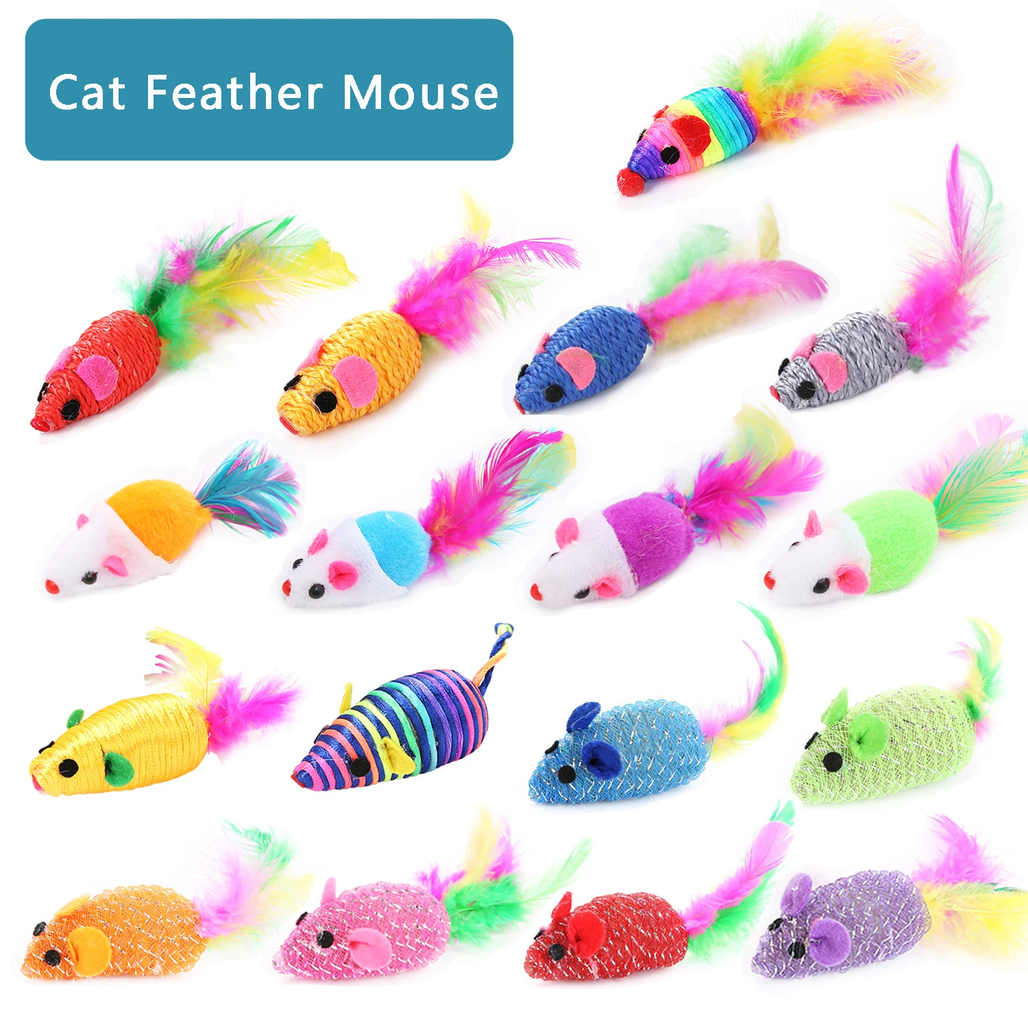 Cat Interactive Colored Feather Tail Little Mouse Cat Toy Set Pet Interactive Training Supplies Cat Funny Toys