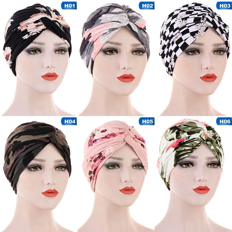 Muslim Hijab Women Floral Print Hat Chemo Cancer Cap Islamic Hair Wrap Headscarf Turban Headwear Elegant Satin Liner Inner Cap