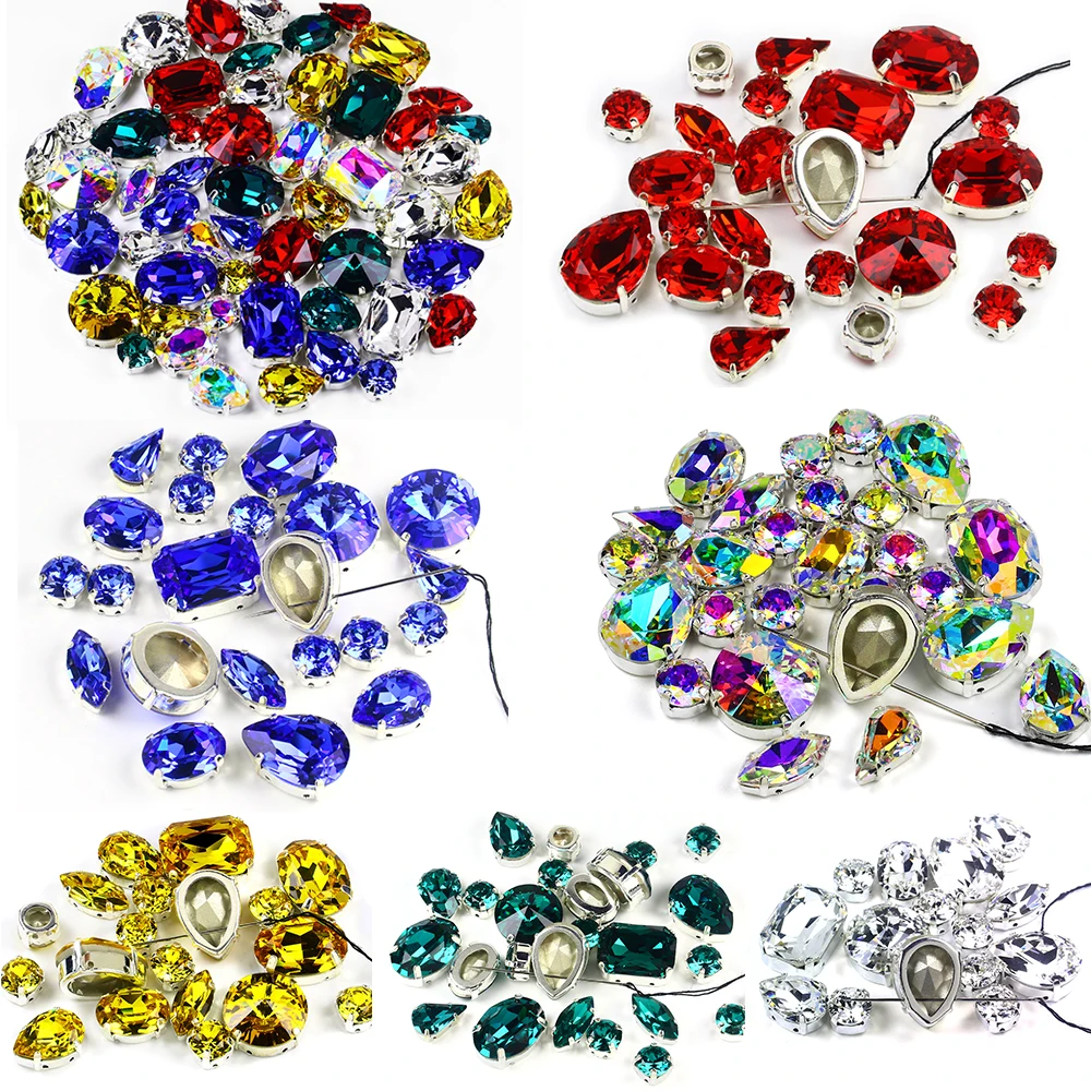 Silver Claw Setting 50pcs/bag Shapes Mix Clear AB Glass Crystal Flatback Sew On Rhinestone Wedding Dress Shoes Bag diy trim