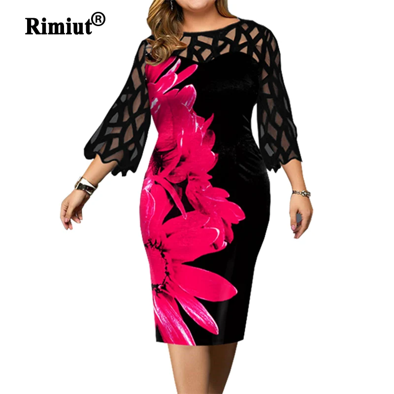 Rimiut Women Plus Size Fashion Autumn Dresses Casual Office Lady Printed Flower Lace Dress Black Party Big Size Mini Dress