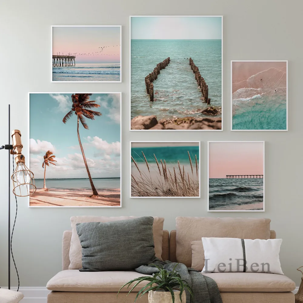 Tropical Holiday Seascape Poster Pink Canvas Painting Bridge Coconut Wheat Pleasant Scenery Picture for Home Living Room Decor