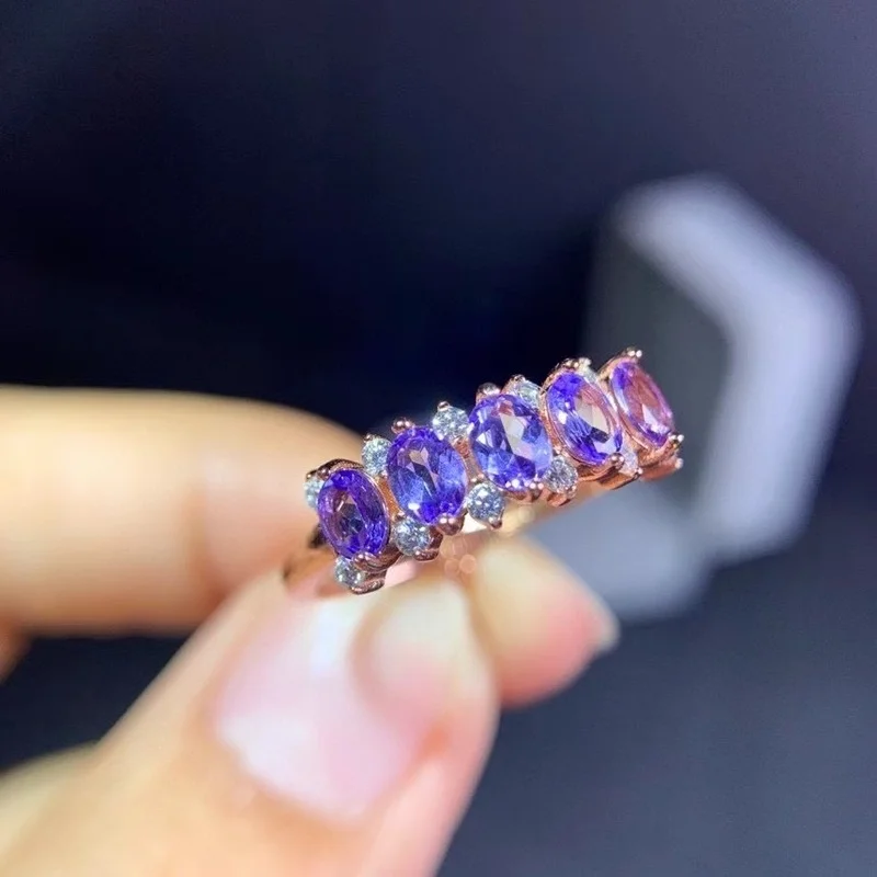 Jewelry Dazzling Gemstone Ring for Wedding 4mm*3mm Natural Tanzanite Ring 925 Silver Tanzanite Silver Ring