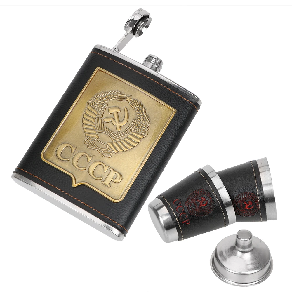 With Cups Funnel Portable Hip Flasks CCCP Pattern 8oz Stainless Steel Alcohol Wine Container Whisky Vodka Bottle Kit Drinkware