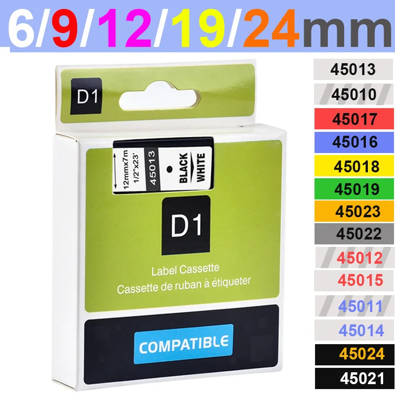 Compatible dymo D1 12mm tapes 45010 45013 40910 40913 43613 43610 ribbon cassette for Dymo label manager LM 160 210D label maker