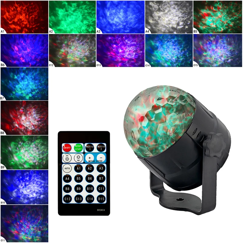 

Mini Portable LED Stage Party Light 15 Color Modes Ocean Water Wave Disco Light Sound Activated Strobe Ball Lights With Remote