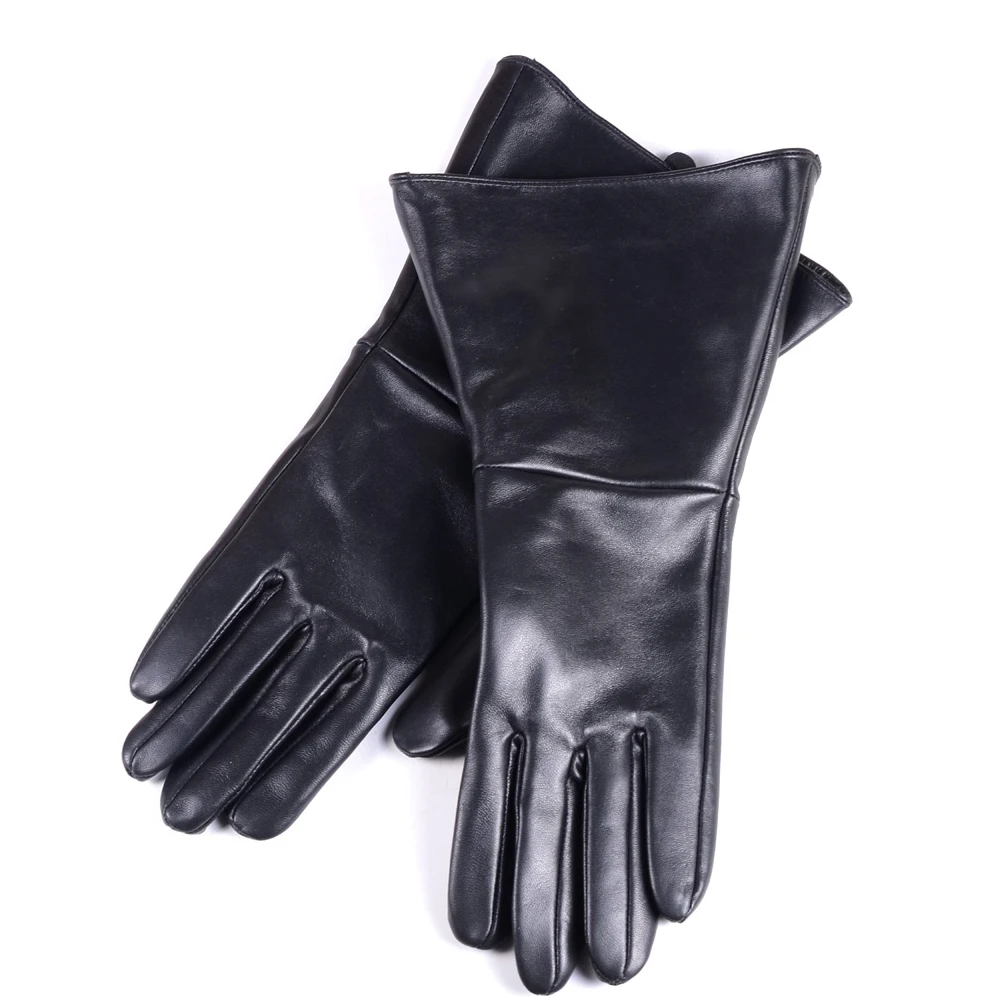 Stylish Men Long Gloves Male Genuine Leather Retro First Layer Sheepskin Bell Mouth Punk Mitten Party Show Play Warm 35cm Luvas