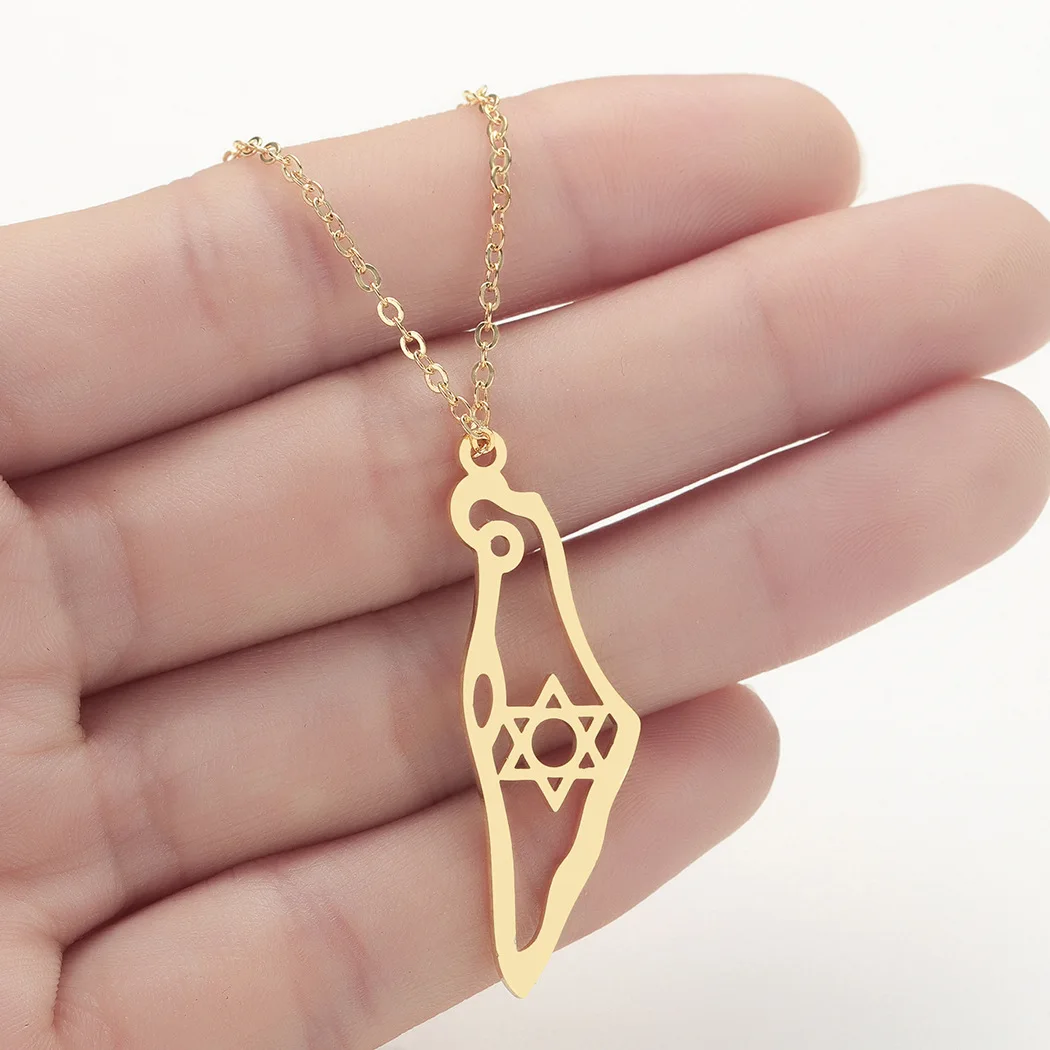 Stainless Steel Israel Map Pendant Necklace Magen David Hexagram Star of David Gold Color Maps Necklaces Jewelry Collar