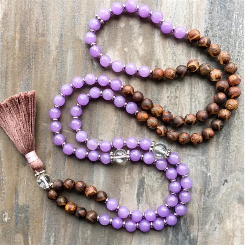 8mm Purple Chalcedony 108 Beads Tassels Mala Necklace Lucky energy yoga chain natural Gemstone Stress pray Wrist Handmade Prayer