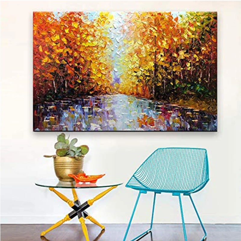 

Landscape Oil Painting, Scenic Maple Leaf and Forest, Hand-Painted on Canvas, Abstract Artwork for Living Room Wall Decoration