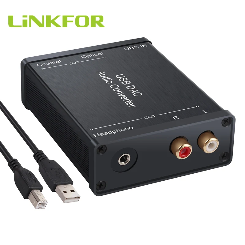 

LiNKFOR USB DAC Audio Converter USB to Coaxial SPDIF RCA and 3.5mm Headphone Jack Optical Audio Adapter for Windows Mac PS4 PS3