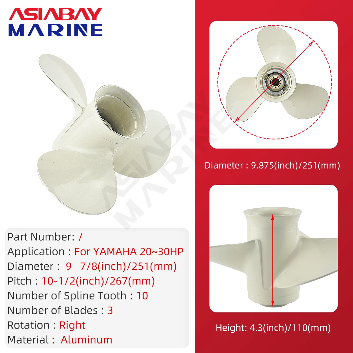 For Yamaha 20hp 25hp 30hp 9 7/8*10 1/2 Outboard Propeller Boat Motor Aluminum Alloy 20 25 30 Screw 3 Blade 10 Spline Engine Part