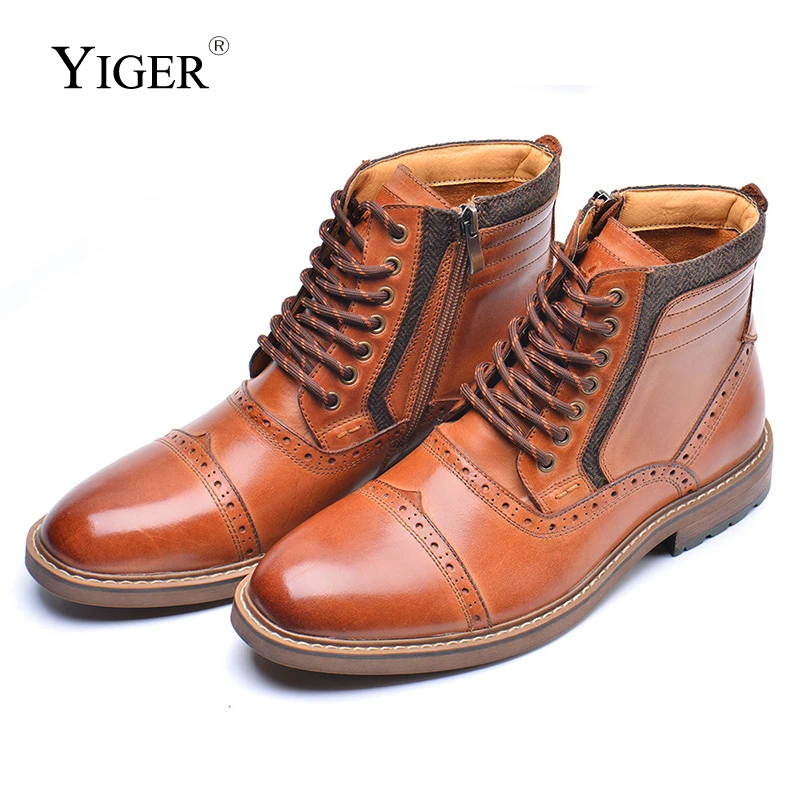 YIGER Men's Brogue Boots New Genuine Leather shoes Casual high-top men's boots Basic boots Europe and America Male Ankle Boots