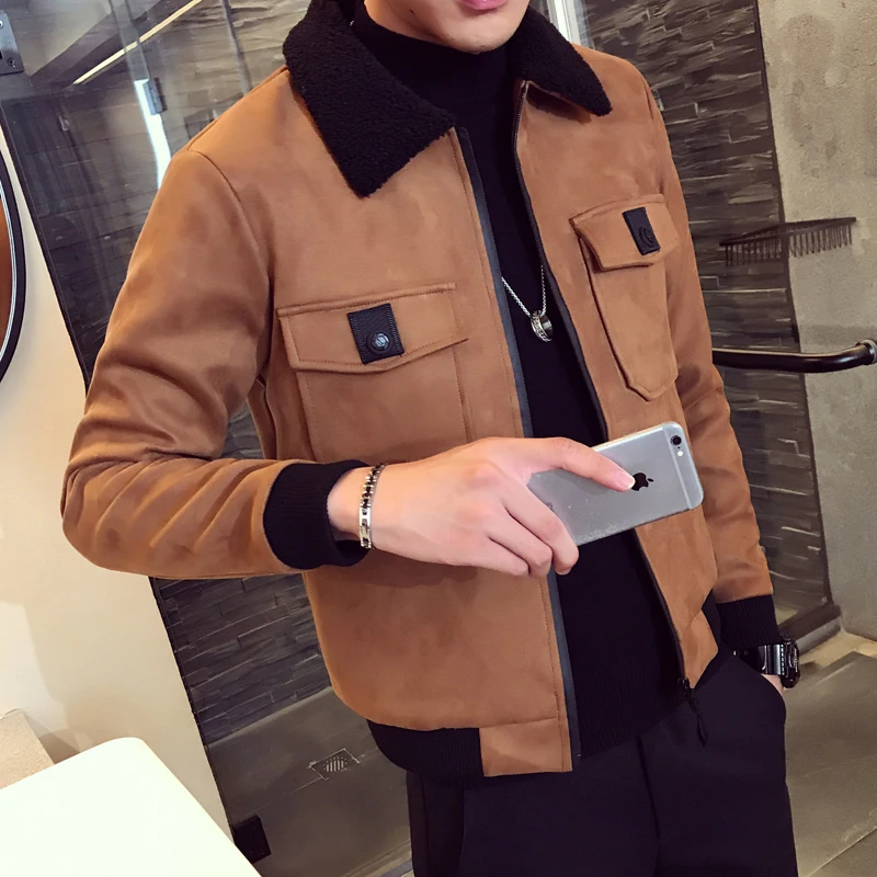 

2020 Bomber Homme Men Suede Erkek Khaki Thick Warm Slim Fit Winter Jacket Deri Ceket Coats Mens Fur Collar