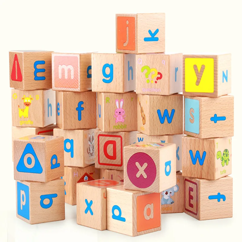 26Pcs Wooden ABC Blocks Baby Alphabet Letters Counting Building Block Set Animal Fruit Pattern Toddler Toy Nursery Bedroom Decor