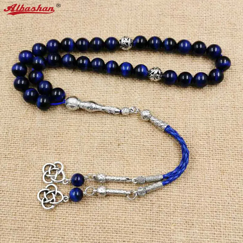 Natural blue tiger eye Tasbih Muslim Man bracelets Gift Eid misbaha accessories 33 66 99 prayer beads gemstone islamic rosary