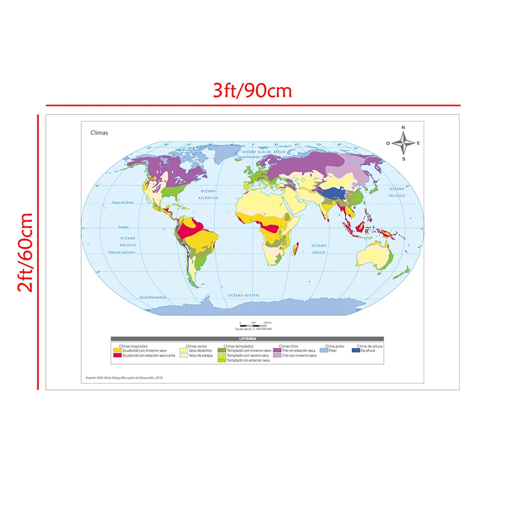 90*60Cm De Wereld Klimaat Kaart In Spaans (2010) canvas Schilderij Wall Art Poster Woonkamer Home Decoratie Schoolbenodigdheden