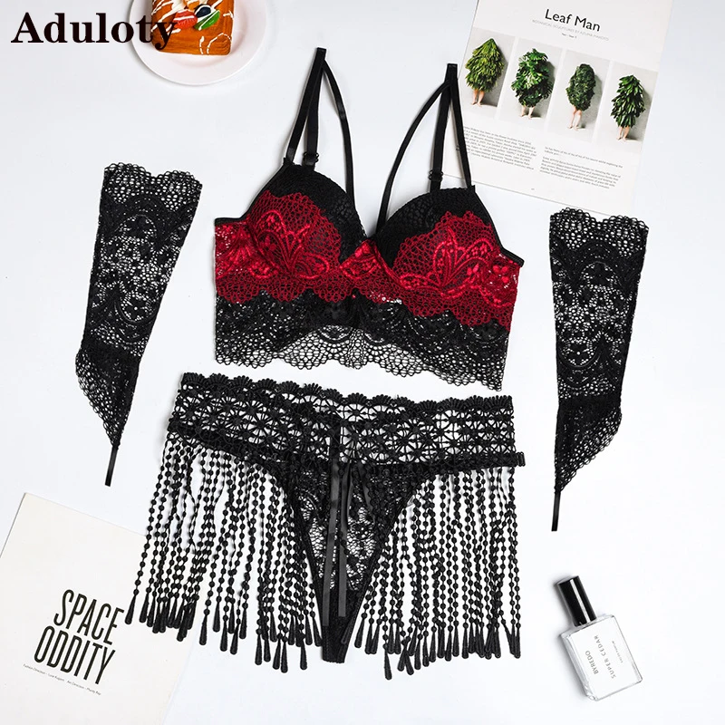 

Aduloty New Tassel Waist Lace Stitching Sexy Large Flower Embroidery Hollowed Out Women Erotic Underwear Wearing Gloves Five Pc