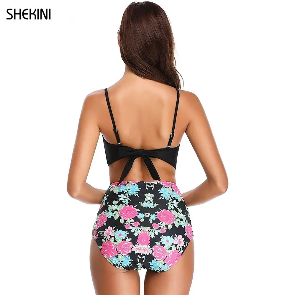 

SHEKINI Women's Vintage Bandeau Ruffle Straps Bikini High Waisted Bottom Two Piece Swimsuits Sexy Summer Beachwear Bathing Suit