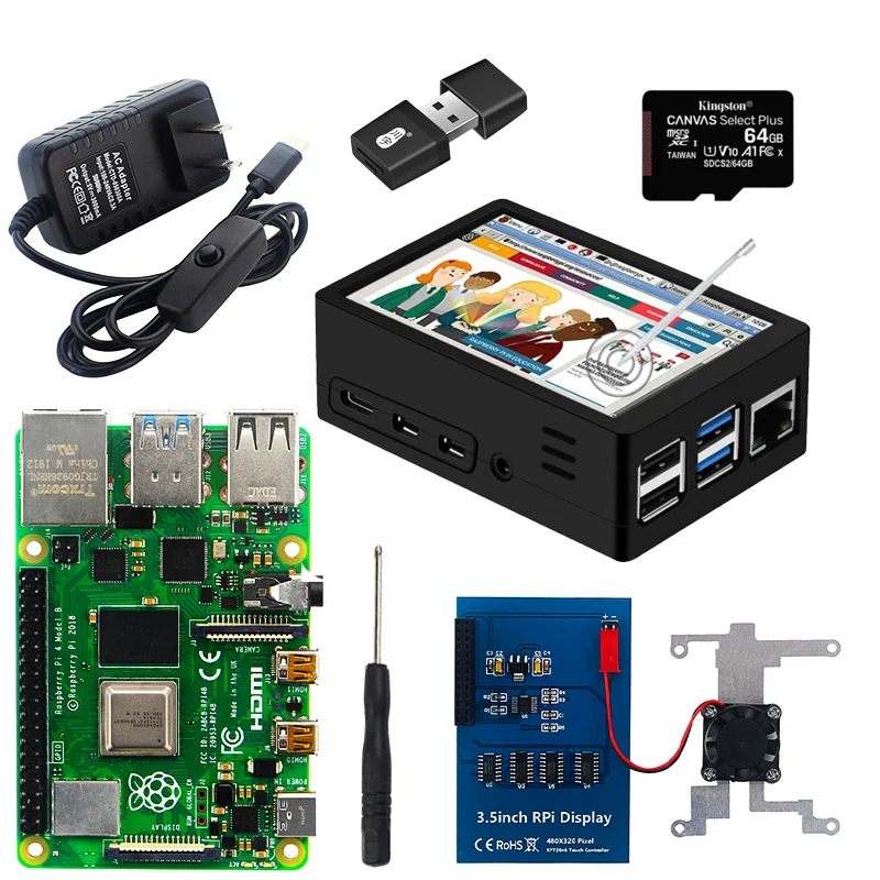 Raspberry Pi 4 Model B Kit 4GB 8GB RAM + بطاقة SD + حافظة + مروحة تبريد + 4K كابل الفيديو عالي الدقة + 5 فولت 3A امدادات الطاقة + شاشة 3.5 بوصة