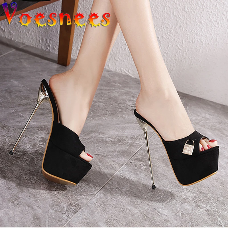 Voesnees Women's Shoes Fashion Flock Platform Slippers Lock Head Decoration 2021 Summer New Thin Heels 17cm Black Ladies Slides