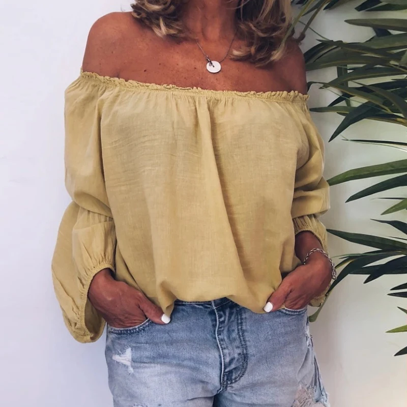 2023 Blouses Women Solid Casual Off Shoulder Blouse Shirt Tops Plus Size Blouse Women One Neckline Pleated Elastic Lady\'s Shirt