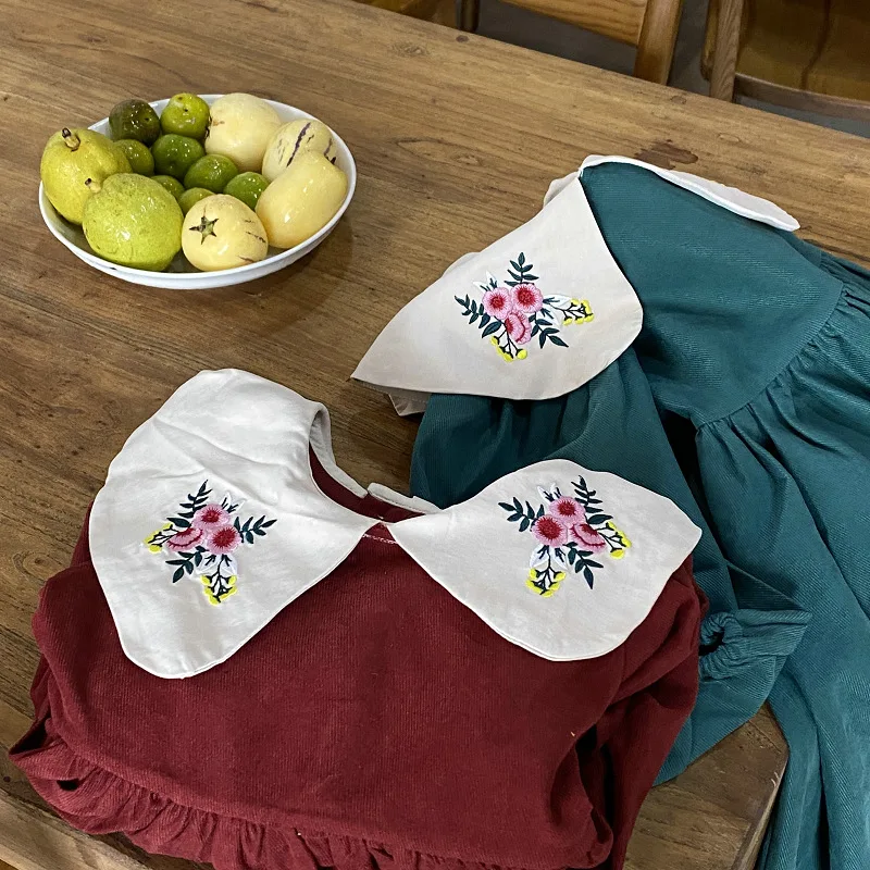 Spring And Autumn Girls Dress New Embroidered Doll Collar Embroidered Flower Lapel Princess Dress Casual Children\'S Clothing