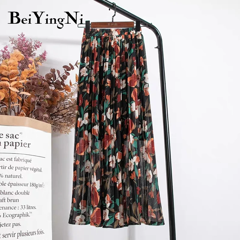 Beiyingni Summer Chiffon Beach Boho Maxi Women Skirt High Waist Floral Print Vintage Holiday Ruched Long Fashion Skirts Faldas