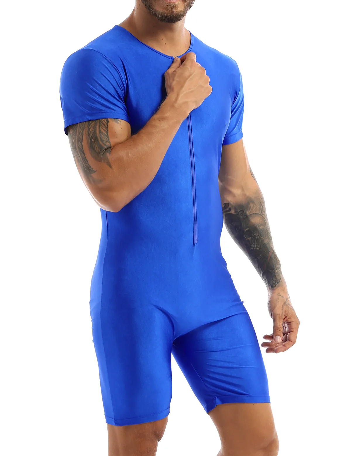 Mens One-piece Front Zipper Soft Wresting Boxer Briefs Tights Leotard Bodysuit Jumpsuit Surfing Swimming Shorty Wetsuit Swimwear