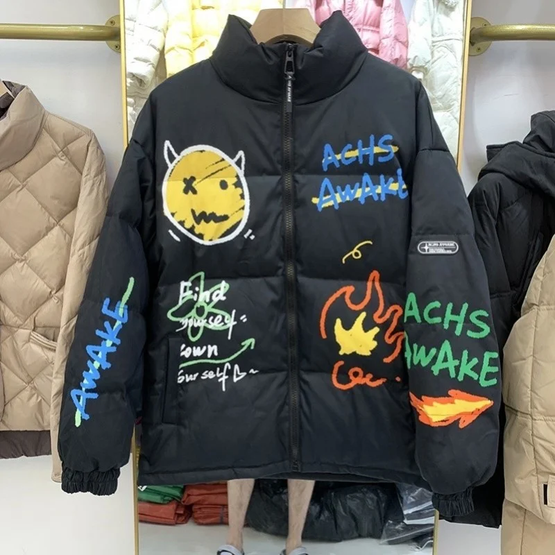 Mulheres kawaii cartoon graffiti solto ajuste inverno grosso quente parkas floral impresso casual streetwear para baixo casaco harajuku