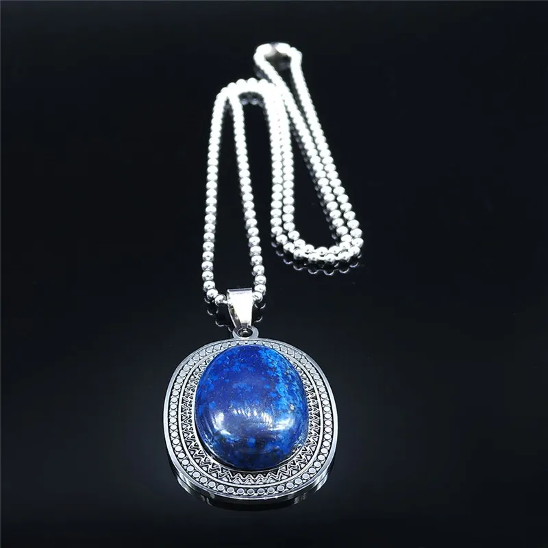 Stainless Steel Natural Stone Lapis Lazuli Big Long Bohemia Charm Necklaces for Women/Men Silver Color Jewelry bijoux N2737S04