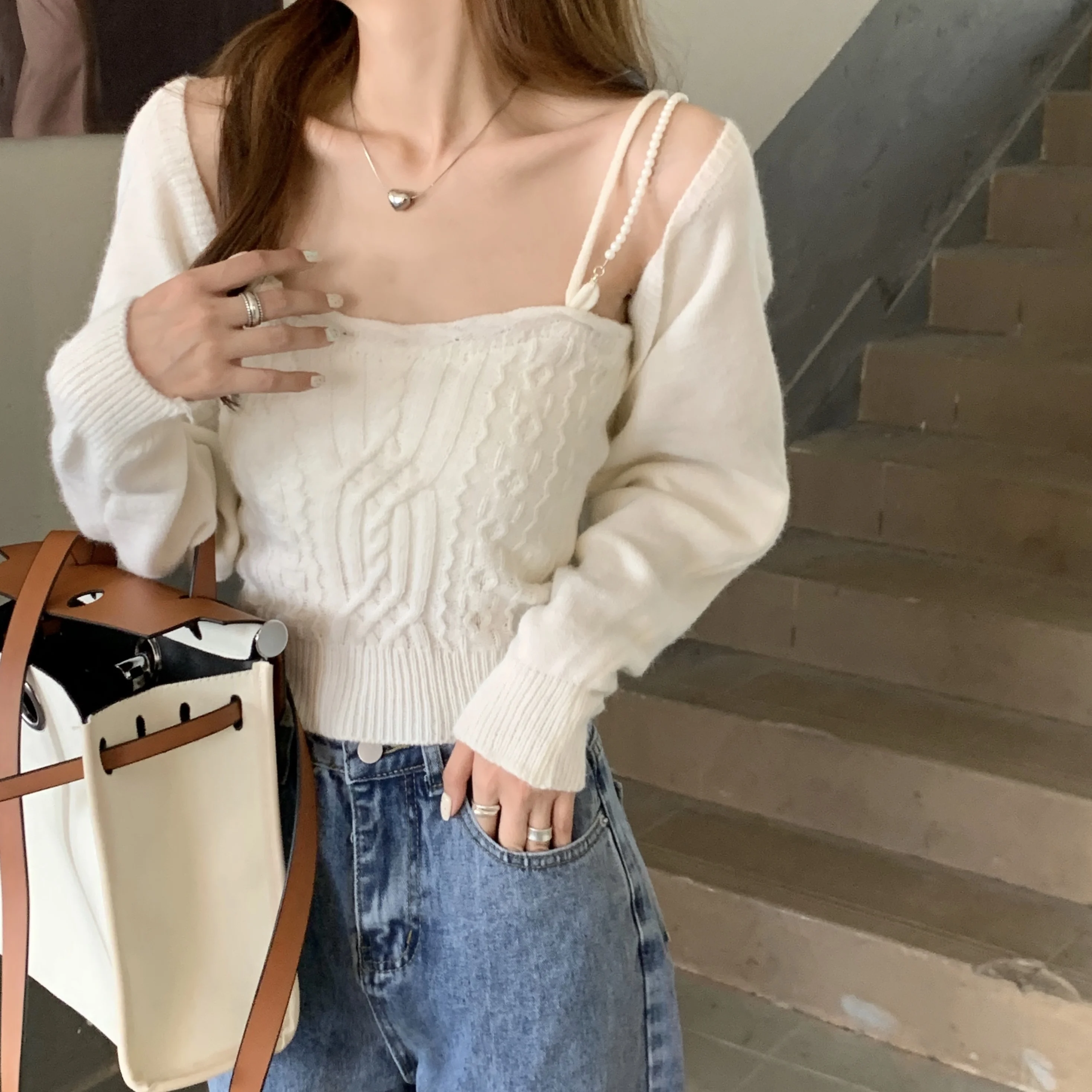 Sweater Women's Autumn and Winter Pearl Sling Knitted Top Short Two-piece + High Waist Loose Split Jeans Trousers Pants Femme