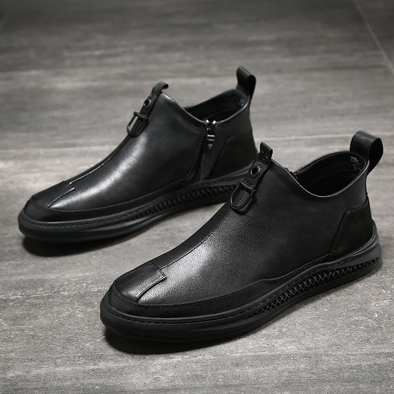 New Men's Autumn and Winter Cowhide Boots British Style Casual Cowhide Shoes Versatile Black Autumn and Winter 2021