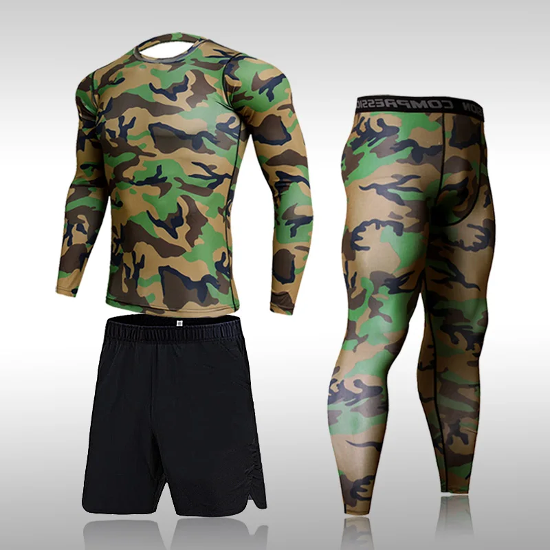 Conjuntos de camuflaje de secado rápido para hombre, ropa deportiva de compresión, ajustada, para gimnasio y Fitness, 2021