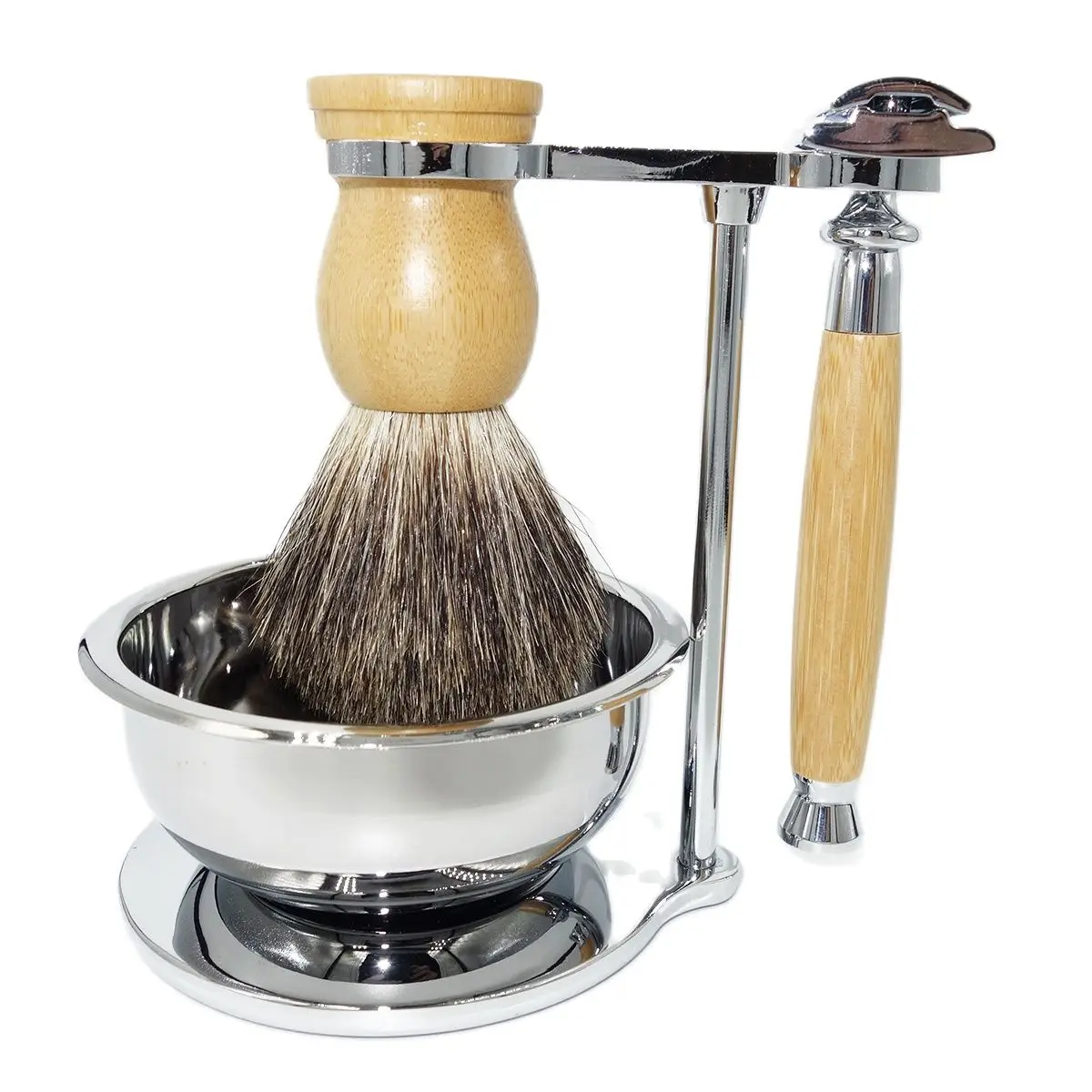 

iRAZOR New Clasic Wet Shaving Bamboo Shaver Kit with Double Edge Safety Razor Pure Badger Hair Brush Soap Dish Stand Holder