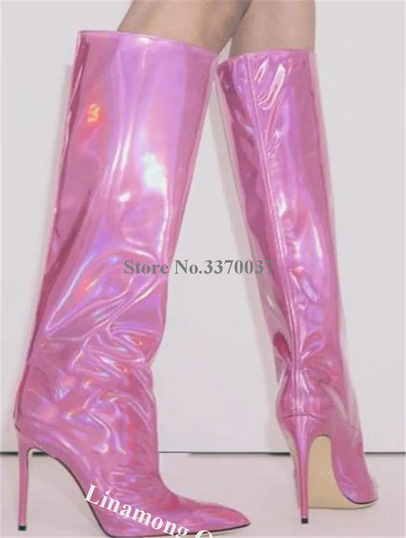 Linamong Shining Bright Pointed Toe Pink Knee High Stiletto Heel Boots Slip-on Charming Long High Heel Boots Dress Shoes