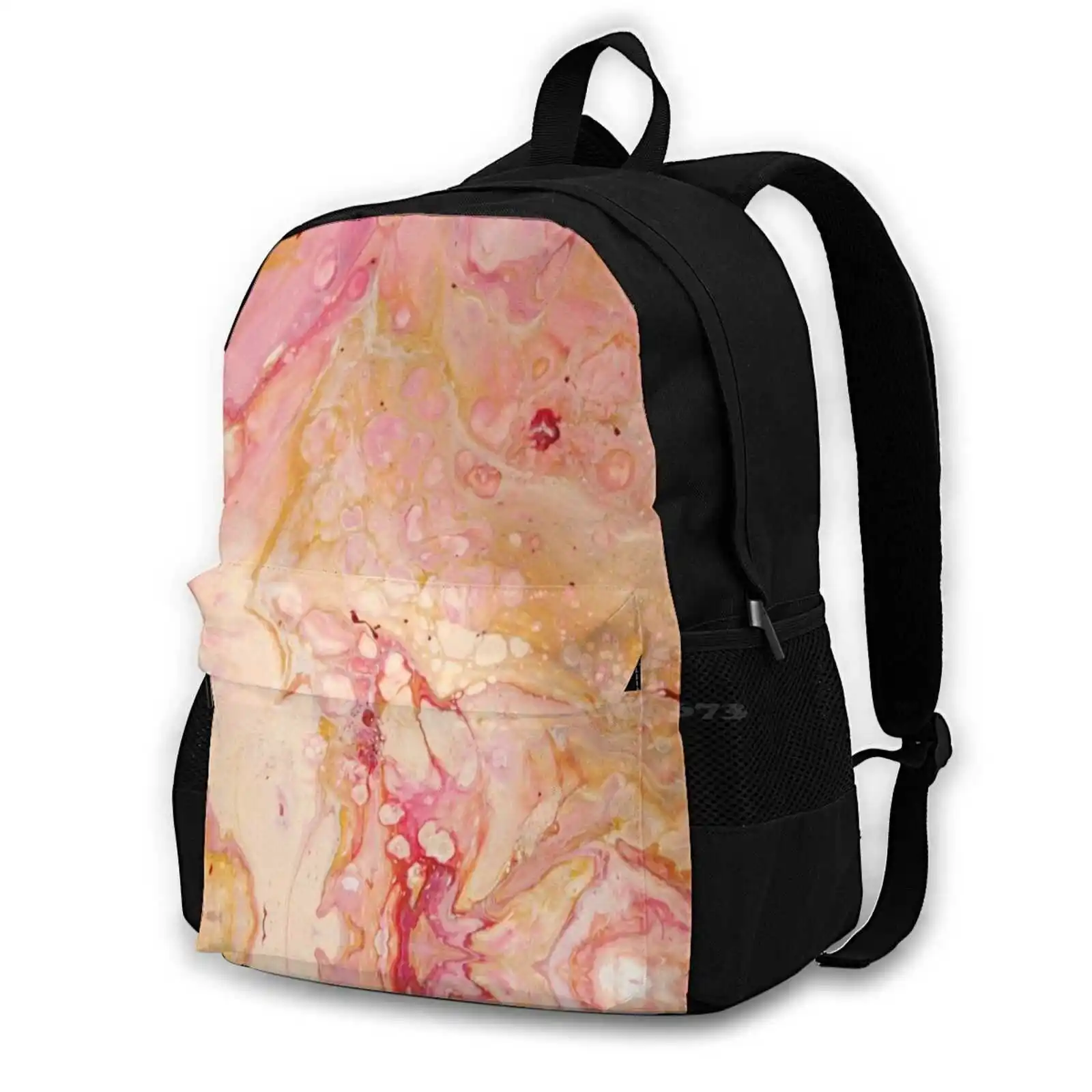 Pink Bubblegum Fun-Abstract Acrylic Pour Art Hot Sale Schoolbag Backpack Fashion Bags Pink Peach Gold Marbled Pattern Bubble