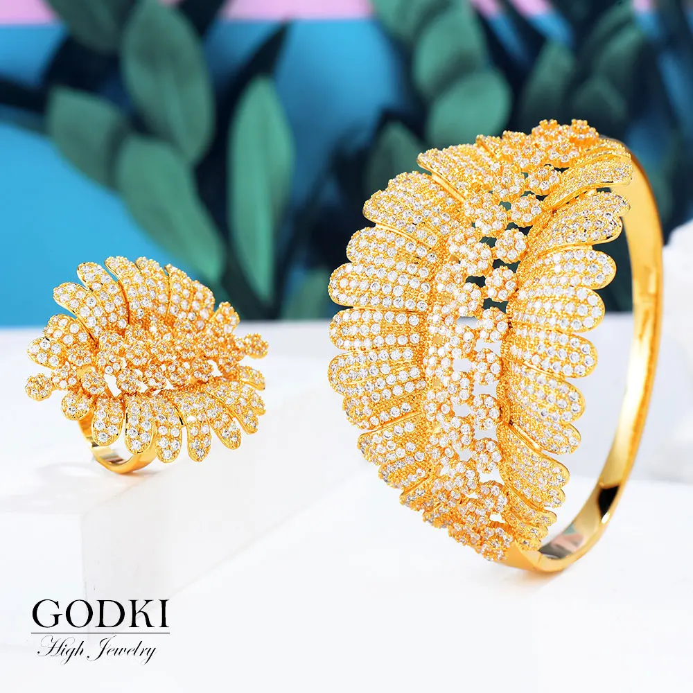 

GODKI Luxury Trendy Fashion Flower Leaf Geometry Cubic Zirconia Wedding Bracelet For Women Bangle Ring Set High Jewelry Sets