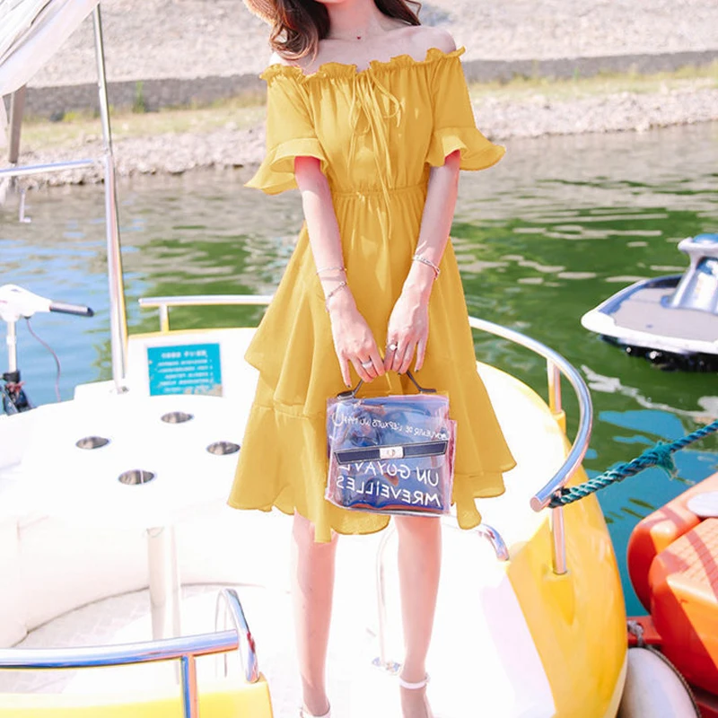 Vestido de verano de manga corta para mujer, vestido rojo de gasa con cuello de barco, falda informal para playa, estilo bohemio