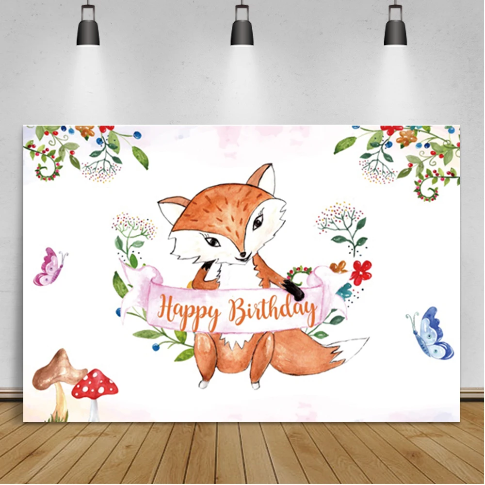 Laeacco การ์ตูนวันเกิดพื้นหลังสีน้ำ Fox ผีเสื้อแสดง Custom Portrait ถ่ายภาพฉากหลัง Photocall