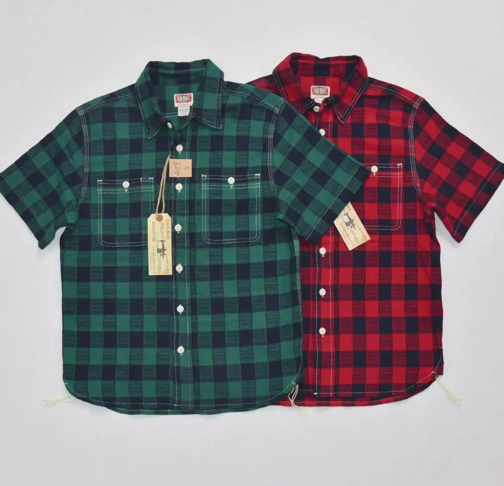 BOB DONG Retro Brushed Plaid Short Sleeve Buffalo Check Work Shirts For Men Red/Green